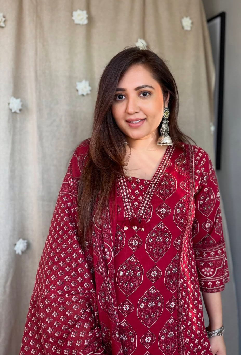 Premium Maroon Printed Anarkali Kurti Pant Set