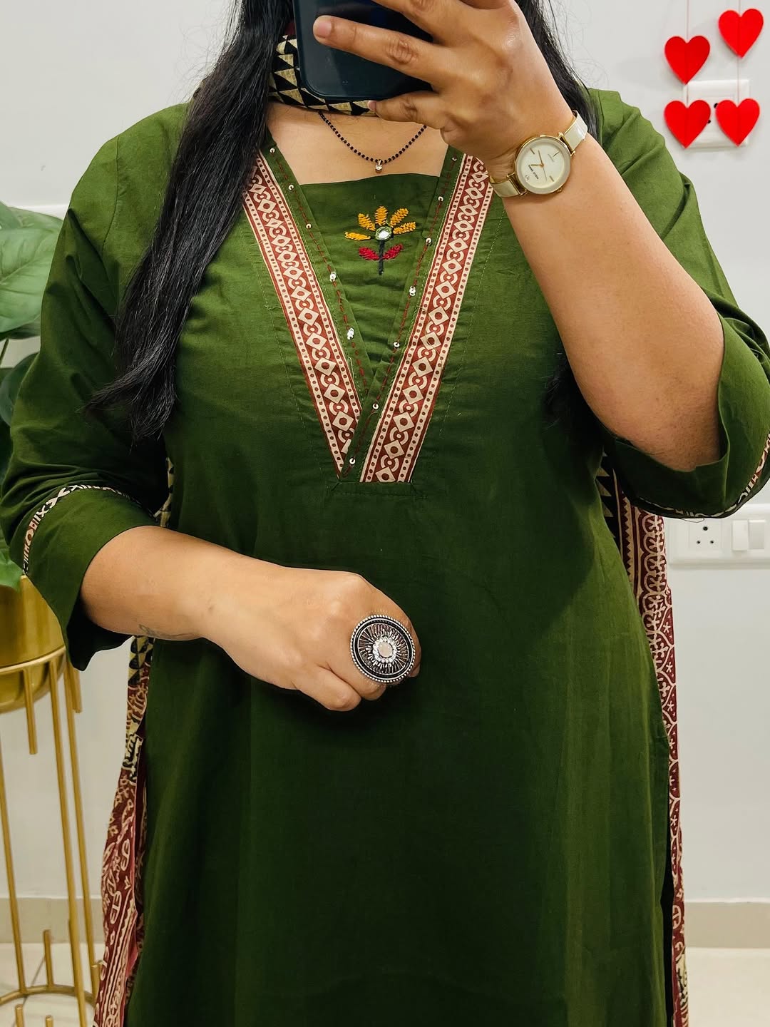 Dabu Cotton Green Kurta Set with Ajrakh Print Palazzo & Dupatta for Women