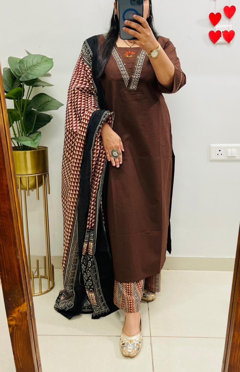 Dabu Cotton Coffee Suit Set with Ajrakh Print Palazzo & Dupatta with Pockets for Women